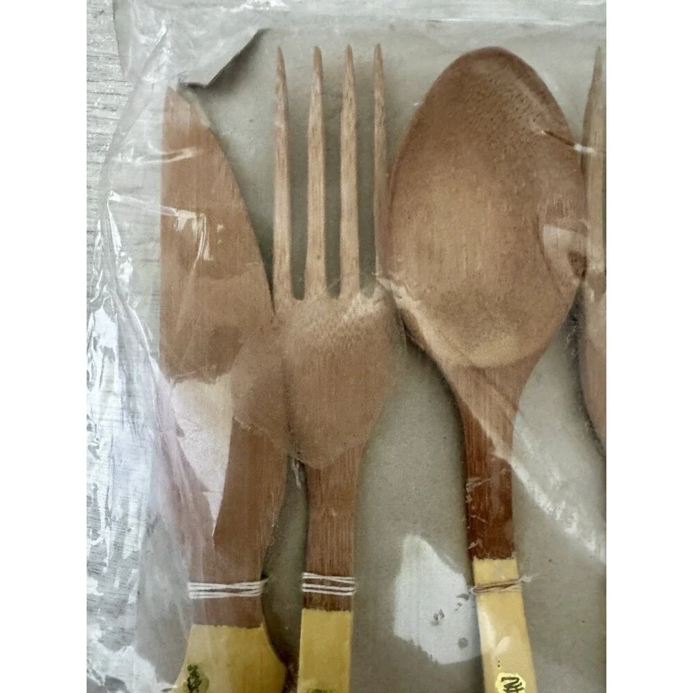 Vintage Chinese Wood Flatware Set Floral Decoupage Salad Utensils NOS